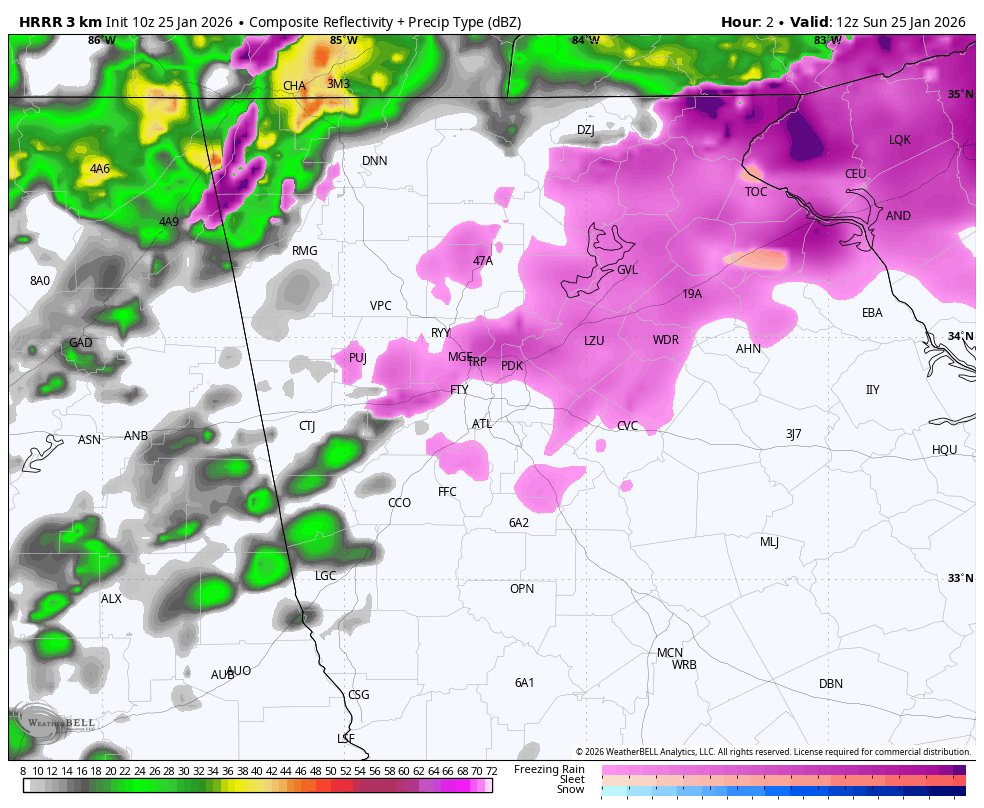 Morning Update Focus: North Georgia down to the Metro. Last night behaved about as expected. Lighter precipitation fell across a wide footprint that was affected by CAD. This wide footprint was well forecasted by the NWS as you see the footprint still slightly past I-75 and south of I-20 on the early run of the radar. We have maybe a lull in precipitation, though I doubt it will be a complete lull before the line of thunderstorms and yes, thunder-ice moves through the area stacking ice totals quickly. The warm nose will slowly begin to lift north and eastward, however as you see portrayed by the 10z HRRR, the areas that are CAD prone never rise above freezing (I’m gonna hold off on gloating about calling that one cause it hasn’t happened yet), while the heart of the line pushes through. This is going to be interesting I’m about to get outside and check. I’m expecting to see around .25-.40 already in Lumpkin County. But let me get the morning going (coffee!)