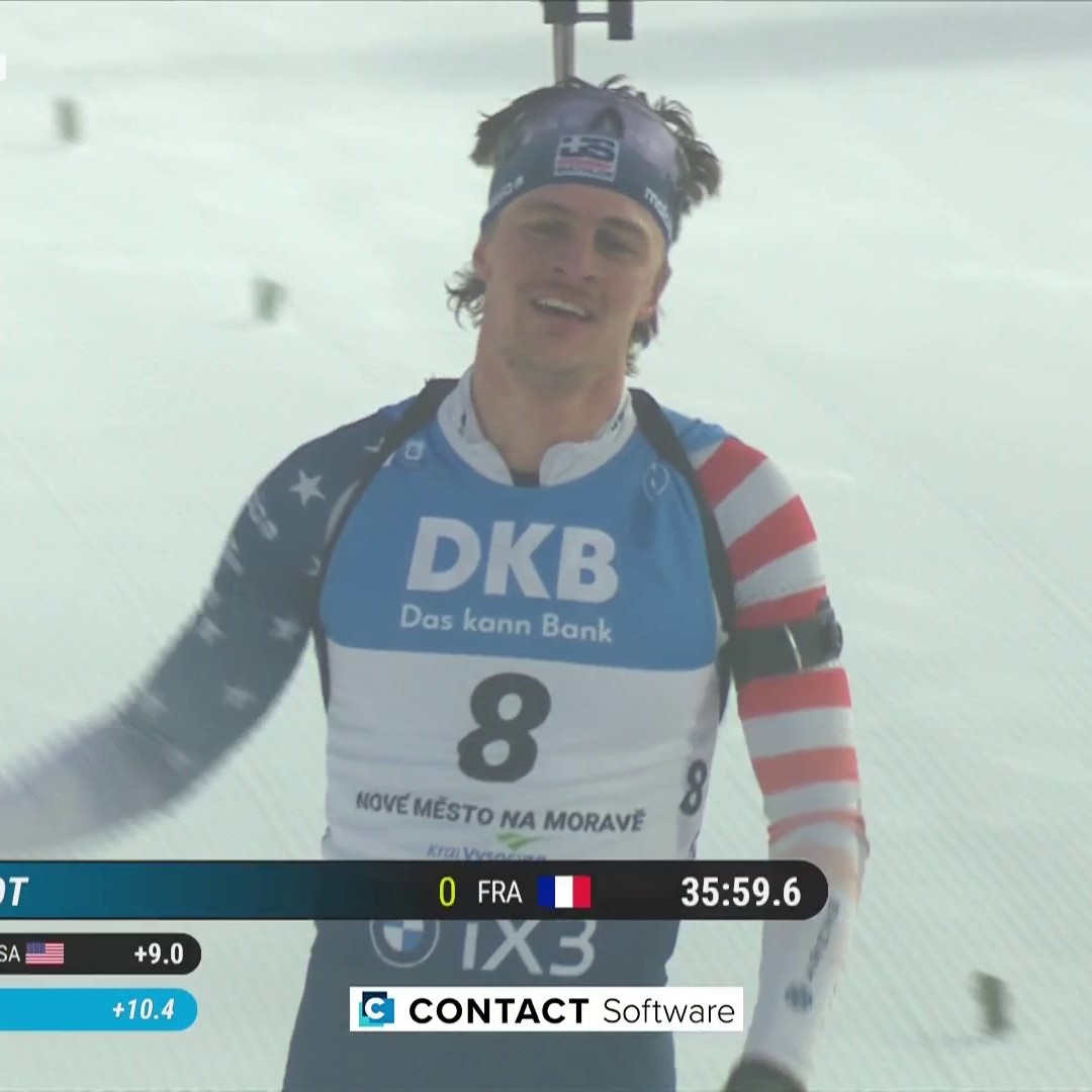 Dossard jaune pour Éric Perrot 🟡 Notre Français enchaîne une deuxième victoire consécutive en dominant la mass start de Nove Mesto. Parfait au tir et patron du classement général 👊