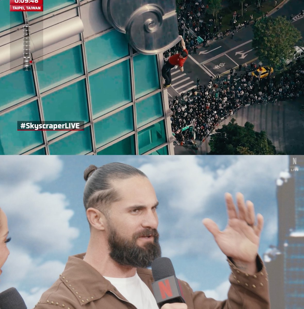 “Dude. Just put your other hand on the thing. … He’s just one-arming it man.” 😭 WWE Superstar Seth Rollins was STRESSED during this portion of Alex Honnold’s free solo of Taipei 101 😅 WWERollins #SkyscraperLIVE