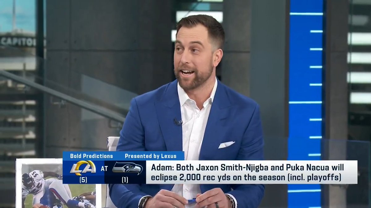 .Adam Thielen predicts that Puka Nacua will have 118+ receiving yards and Jaxon Smith-Njigba will have 188+ receiving yards today 👀