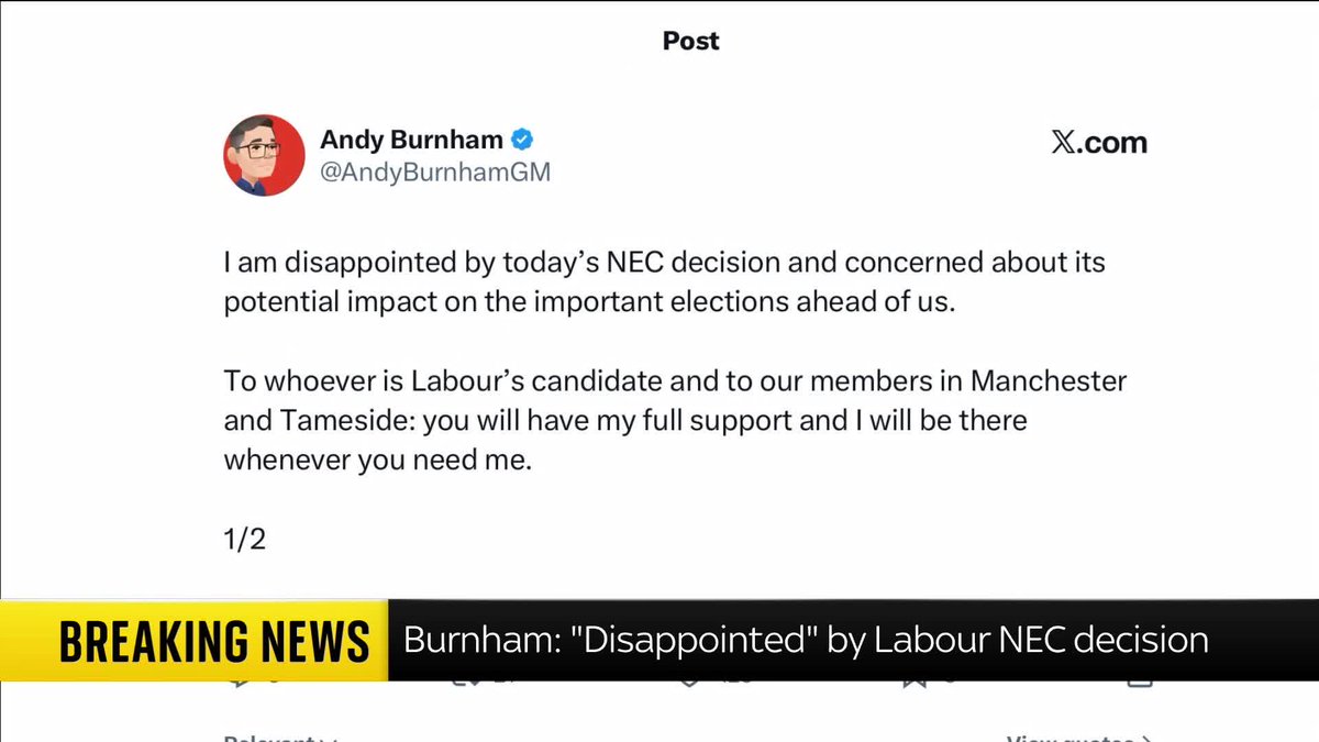 BREAKING: Andy Burnham has said he's "disappointed" that he's been barred from standing in the Gorton and Denton by-election but would give his "full support" to Labour's candidate. Political Correspondent Amanda Akass has more. 📺 Sky 501 and YouTube