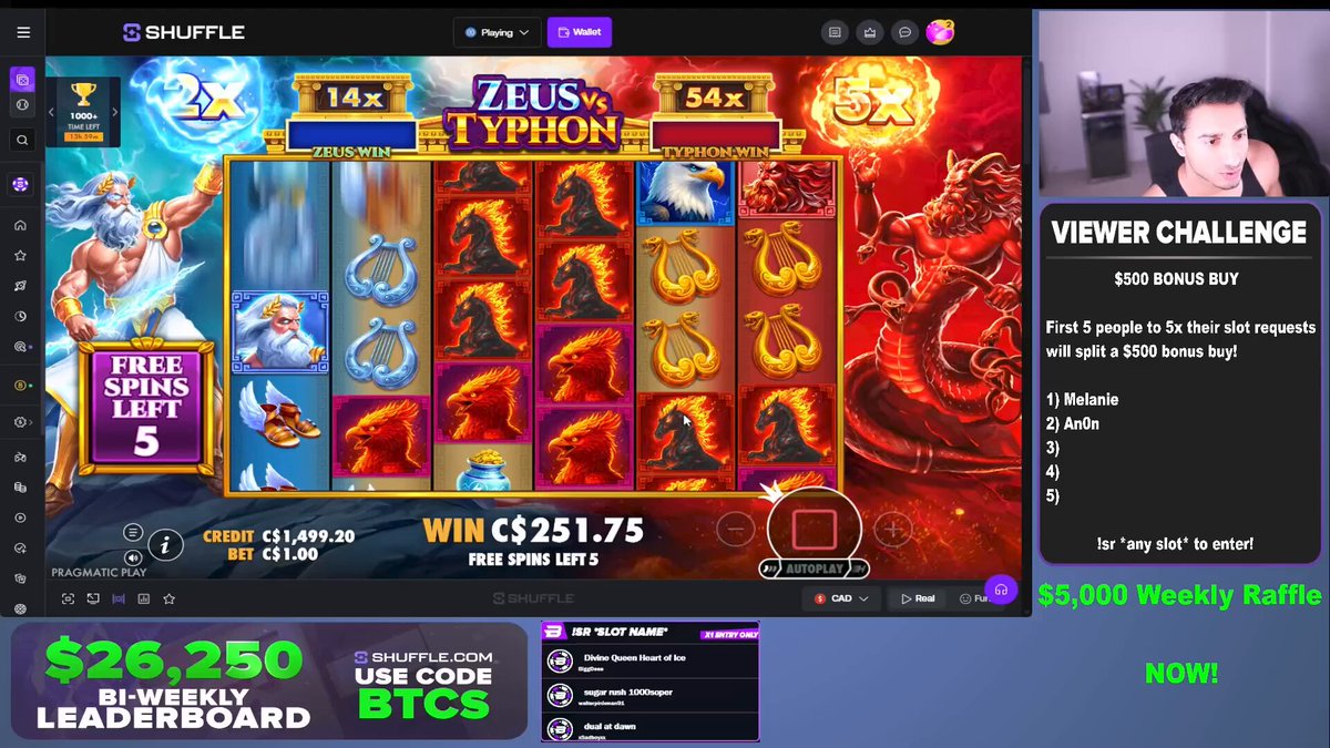 Every single week, C$5,000 worth of bonus buys is raffled out to those wagering on code! This winner takes home $5,611.95 from a $500 bonus buy 🤯 Code "BTCs" on Shuffle.com ✅ RT + Reply, $75 to one person!