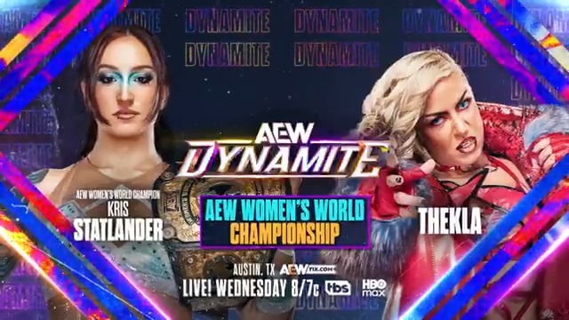 #AEWDynamite Austin, TX 8/7c, TBS + HBO Max THIS WEDNESDAY 1/28 AEW Women's World Title @CallMeKrisStat vs @Toxic_Thekla Thekla gave Statlander a week to "enjoy her life", but the Cosmic Killer is ready! Statlander defends the AEW Women's World Title vs Thekla, THIS WEDNESDAY!