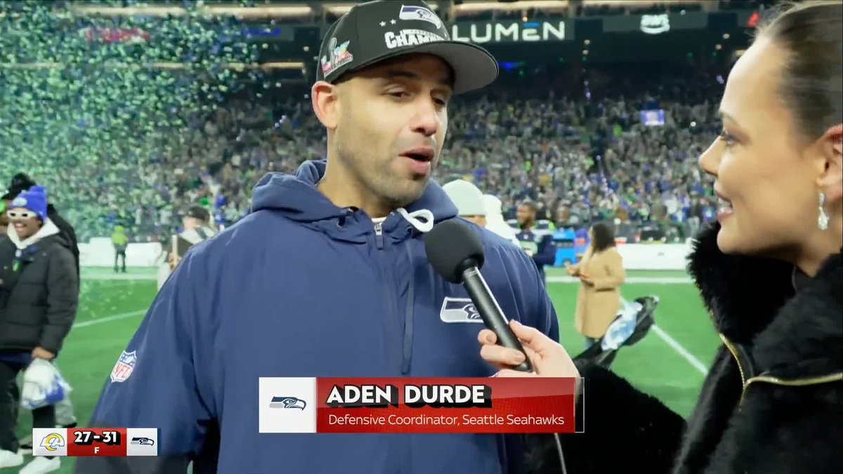 Defensive coordinator Aden Durde reacts to the Seattle Seahawks reaching Super Bowl LX after defeating the Los Angeles Rams 💭