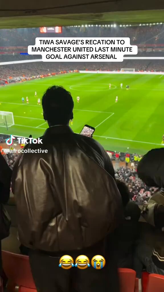 Tiwa Savage and Odumodublvck’s reaction to Manchester United’s last-minute goal against Arsenal 😂😂😂❤️