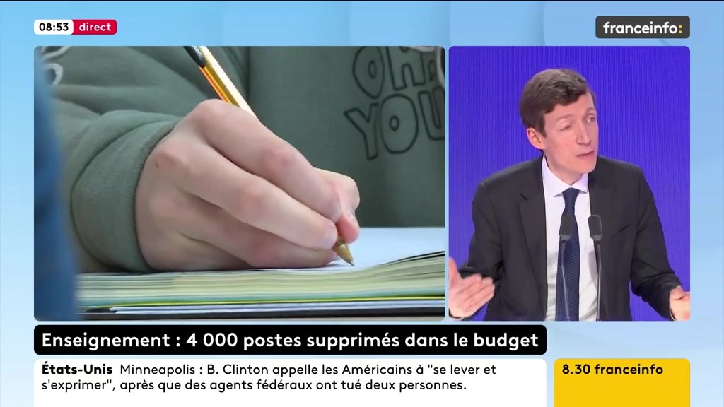 🔴 Enseignement : 4 000 postes supprimés dans le budget ➡️ "Il faut partir du constat : on aura perdu dans le premier degré 1 million d'élèves entre 2019 et 2029 […] Si on avait suivi la démographie, il aurait fallu supprimer 8 ou 9 000 postes cette année", dit Édouard Geffray