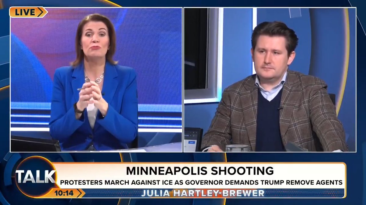 🚨 "Don't get in the way of law enforcement officials doing their job! F****d around and found out." Julia Hartley-Brewer says she "understands" why, in the head of the moment, there have been two fatal shootings by ICE agents. Julia Hartley-Brewer