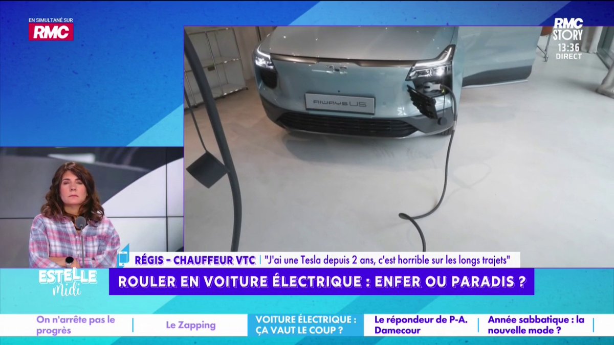 🚗 Rouler en voiture électrique 📞 Régis : "J'ai une Tesla modèle Y pour des longs trajets ça devient horrible ! L'autonomie que les constructeurs nous promettent n'est pas vraie ! J'ai fait Paris-Lisbonne : 13 arrêts ! Mon cousin en diesel, il s'arrête une fois !" #EstelleMidi