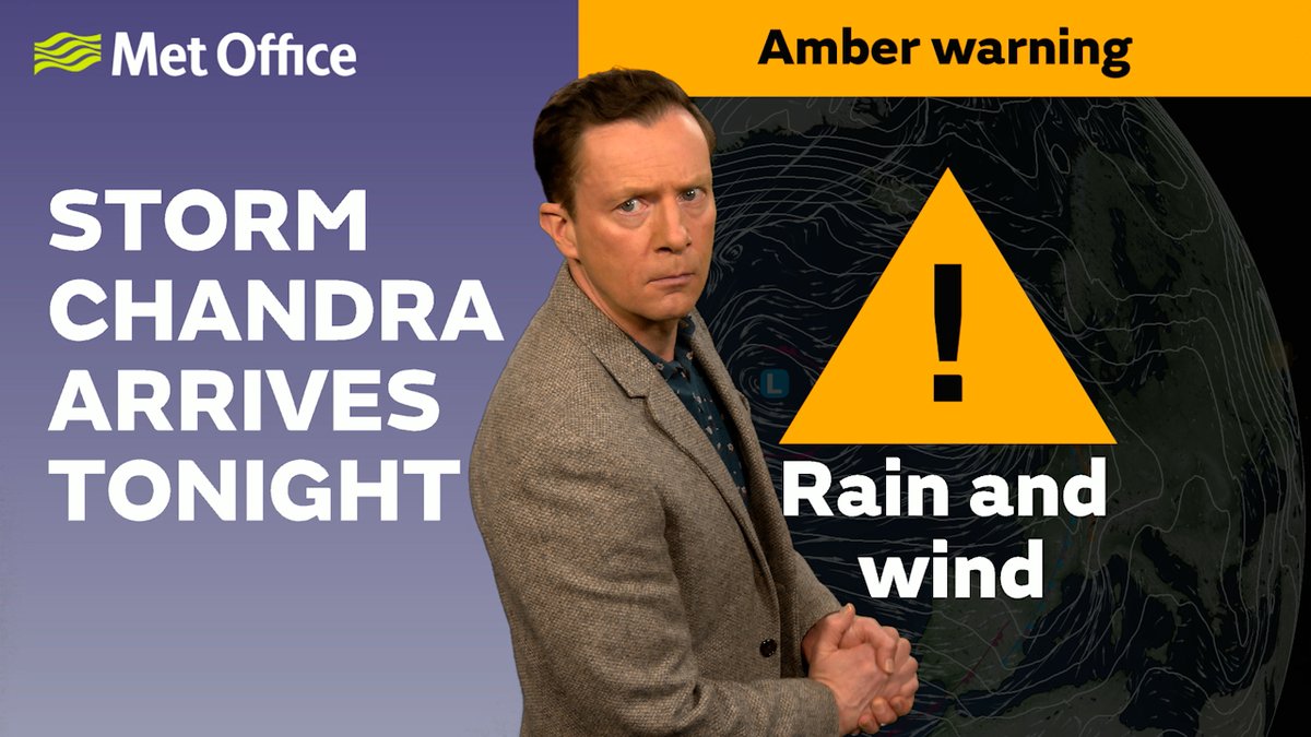 #StormChandra will bring heavy rain and strong winds tonight and tomorrow, bringing the likelihood of flooding, damage and disruption ⚠️ There will also be hill snow in parts of the north ❄️ Watch our video with Alex to find out more ⤵️