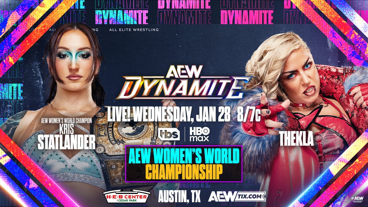 #AEWDynamite Austin, TX 8/7c, TBS + HBO Max THIS WEDNESDAY 1/28 AEW Women's World Title @CallMeKrisStat vs @Toxic_Thekla Thekla gave Statlander a week to "enjoy her life", but the Cosmic Killer is ready! Statlander defends the AEW Women's World Title vs Thekla, THIS WEDNESDAY!