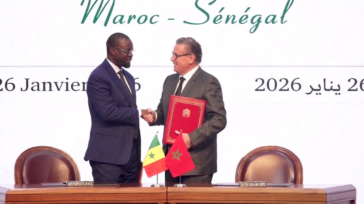 🇲🇦🇸🇳 À Rabat, le Maroc et le Sénégal signent seize accords destinés à renforcer leur partenariat économique et social. À cette occasion, les chefs de gouvernement Akhannouch et Sonko ont souligné la profondeur des liens historiques et fraternels unissant les deux nations.