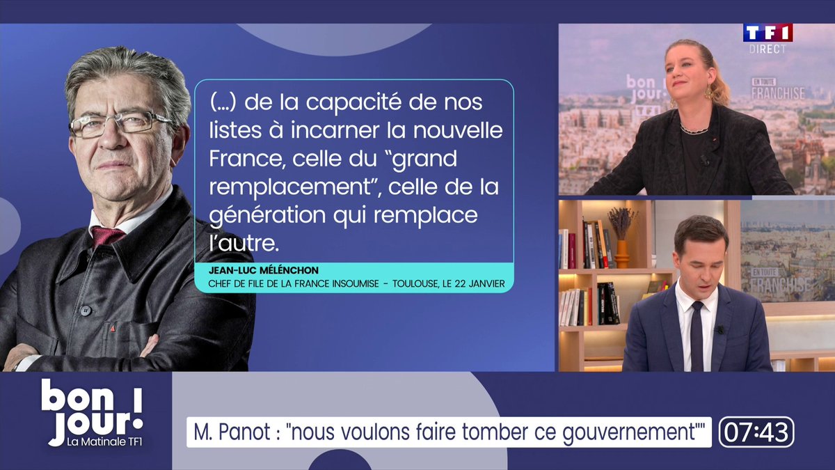 En utilisant l'expression "grand remplacement", Jean-Luc Mélenchon "a tendu un piège formidable à l'extrême droite dans lequel Jordan Bardella est tombé... Nous l'avons utilisée comme une prise de judo", explique Mathilde Panot 📺 #EnTouteFranchise avec Adrien Gindre
