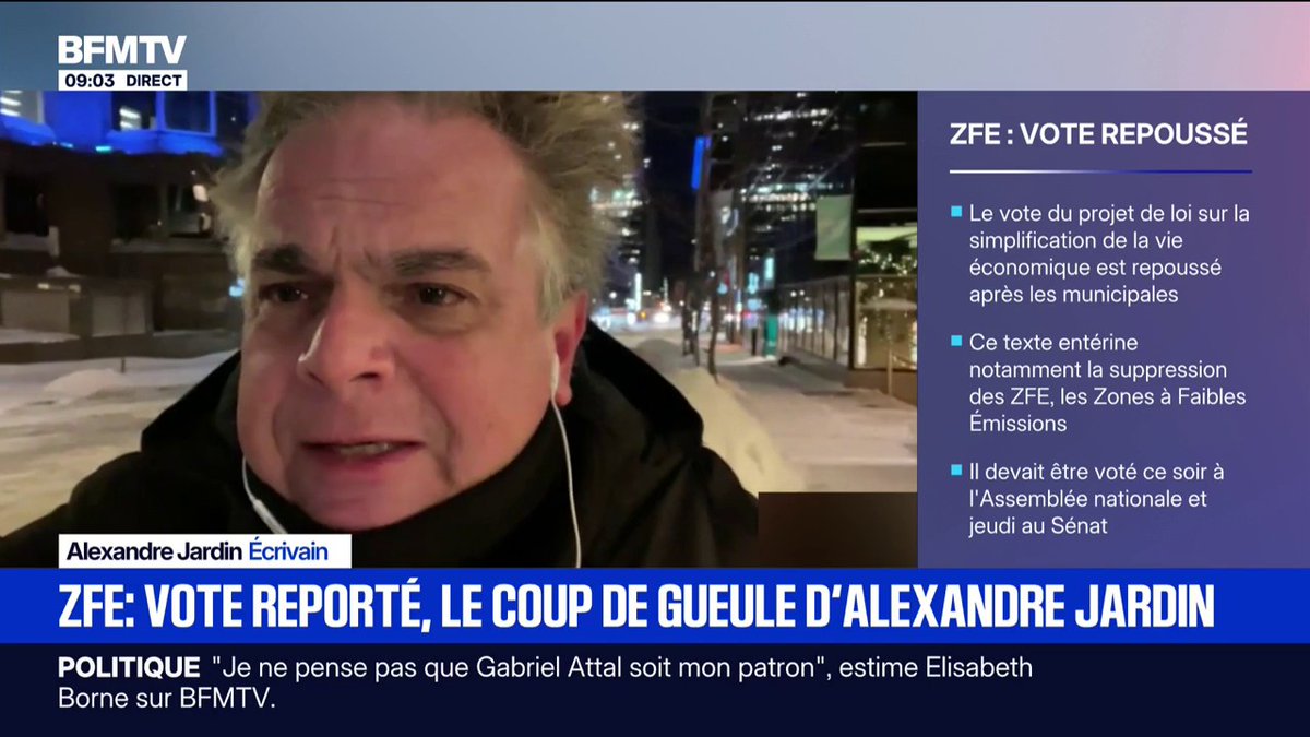 Report du vote sur la suppression des ZFE: "C'est absolument dingue", réagit Alexandre Jardin, écrivain et fondateur du mouvement "Les gueux"
