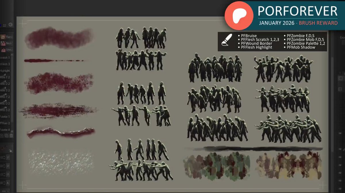 January 2026 brush set teaser; wound &amp; zombie brushes for #ClipStudioPaint 🩸🧟‍♂️🧟‍♀️ ► Subscribing to my Patreon within January 2026 and getting them after the end of the month. ► Or buy them on Gumroad after the 7th of the next month. Links in reply!
