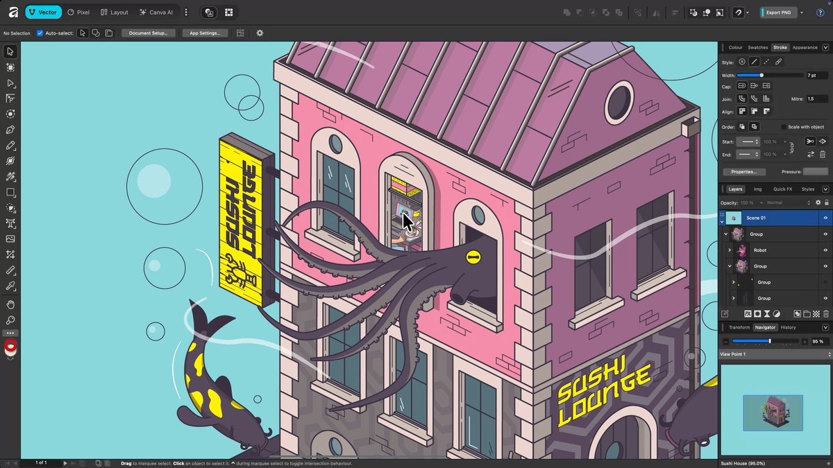 Working with thousands of layers? No problem. Want to make detailed edits at 1,000,000% zoom? Go for it 😉 Every adjustment, filter, and layer effect updates live, meaning you can see your work exactly how it will export and achieve pixel-perfect designs every time.