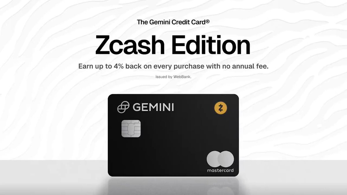Meet the Gemini Credit Card, Zcash Edition. Designed for enthusiasts, this limited edition metal card earns up to 4% back in ZEC with no annual fee. While supplies last.
