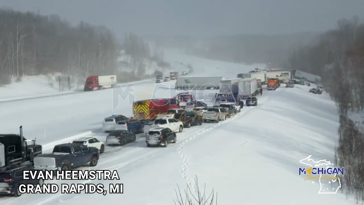 Here’s another view of the 20+ car pileup on M6 near Broadmoor avenue in southern Grand Rapids metro. Crews are actively working, injuries are unknown 1/27/26
