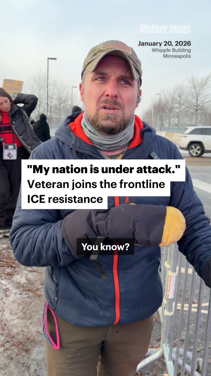 When Ian Austin, an Army veteran, was arrested for protesting ICE in Minneapolis, he says he was detained and shackled for hours. “We're turning into something that I can't even begin to respect, and something that I literally went to war—or they told me I went to war—to fight against,” he says. Since he was arrested, he’s continued protesting. Mother Jones senior reporter Julia Lurie spoke to Austin outside the Whipple Federal Building, where ICE is based. “When they say, ‘Why would you be out here?’ How the fuck could I not be out here?” he says. “My nation is under attack."