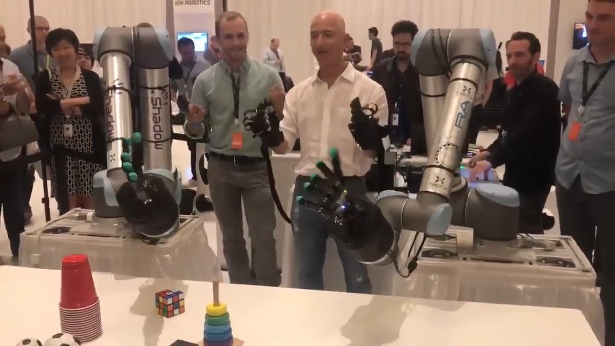 Jeff Bezos tries the Tactile Telerobot. The Tactile Telerobot is a haptic telerobotic system capable of transmitting realistic touch feedback to an operator located anywhere in the world. Developed through a joint collaboration between Shadow Robot Company, HaptX, and SynTouch, the project’s initial research and development was funded by All Nippon Airways. -- Robotics teams are challenged to turn human-like dexterity from theory into real-world systems. While dexterous manipulation promises major impact across industries, a gap remains between capability and deployment. Shadow Robot helps close this gap through a dexterity-first, structured engagement model that transforms ideas into prototypes and scalable solutions. The "Trusted Hands: Engineering Collaboration with Shadow Robot" whitepaper highlights how collaboration and repeatable frameworks enable organizations to overcome barriers and advance dexterous robotics in new domains. Get it here: #robotics #robots #engineering #technology