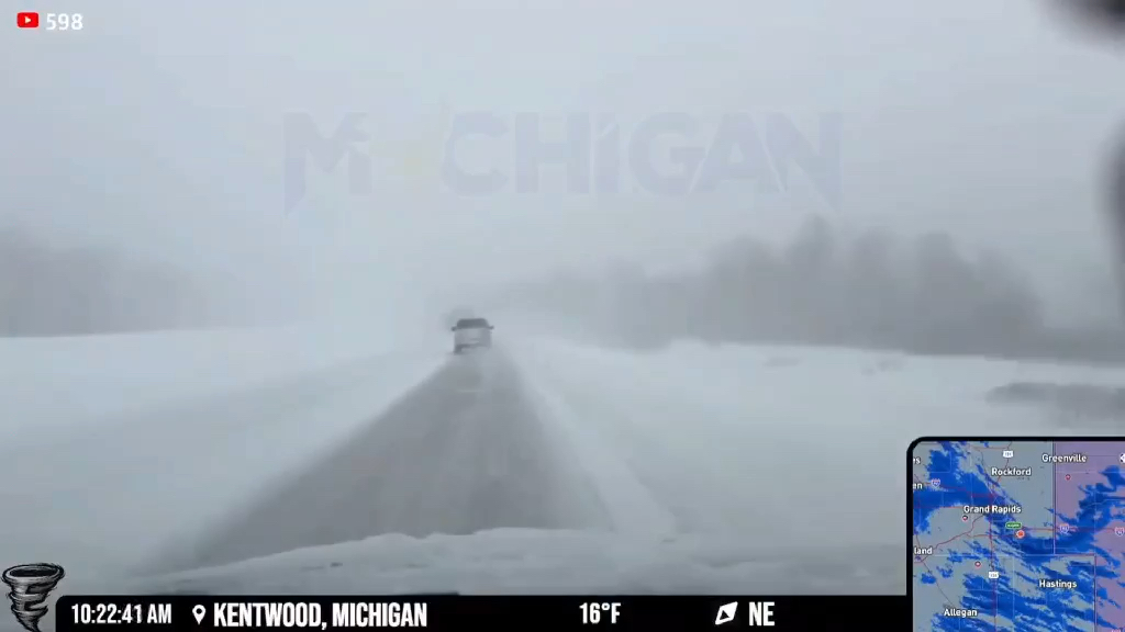 This was the scene earlier this morning moments before the M6 pileup near Broadmoor Ave. Evan was driving eastbound in a snow squall with visibility down to 100 feet when a crew helping a disabled vehicle popped out of the curtain of snow. Moments later, the pileup occurs behind him. This video serves as a true reminder of how dangerous it is to travel at higher speeds inside of a snow squall, especially when the roads are already slippery. 🎥 - Evan Heemstra - Alaska, MI (Near GRR Airport)