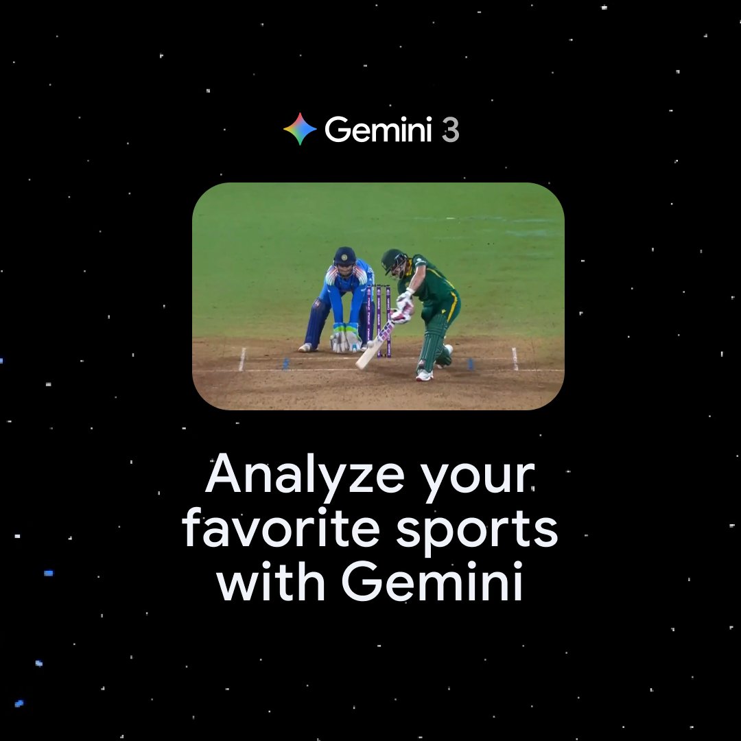 We partnered with ICC to show how Gemini 3 Pro can analyze video content. By uploading a segment of the Cricket World Cup, Gemini can seamlessly process visual and audio data to identify key players, explain techniques, and highlight crucial turning points. 🏏