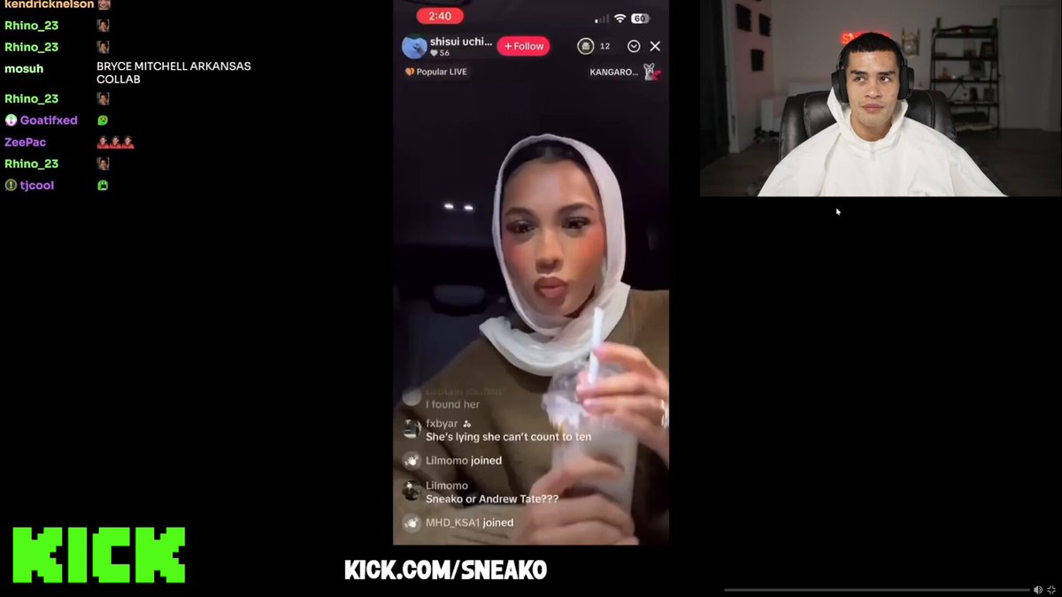 SNEAKO reacts to a Hijabi TikToker who said “Charlie Kirk” when asked “SNEAKO or Andrew Tate?” during a TikTok Live, making a gesture some viewers found disturbing 😳