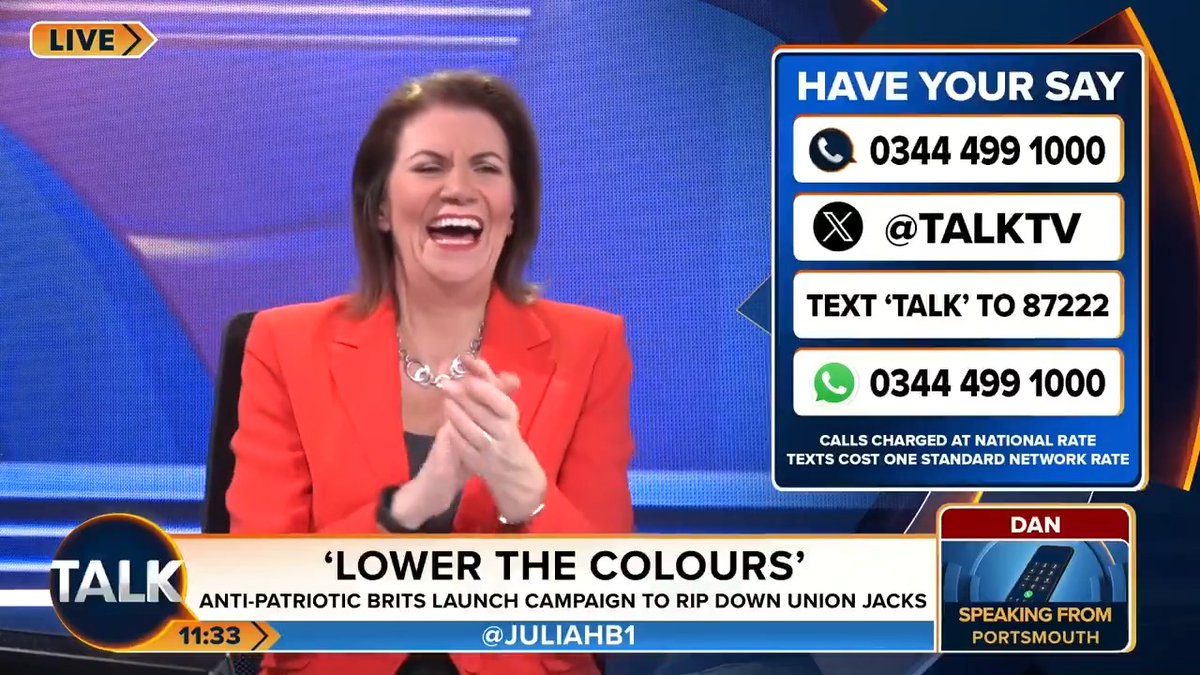 🚨 Caller Dan in Portsmouth talks about how his local church took down Union flags because they were "not inclusive". "So I put them back up, and I added to it 140ft of bunting. Anyone who comes to this country should love their flag." Julia Hartley-Brewer