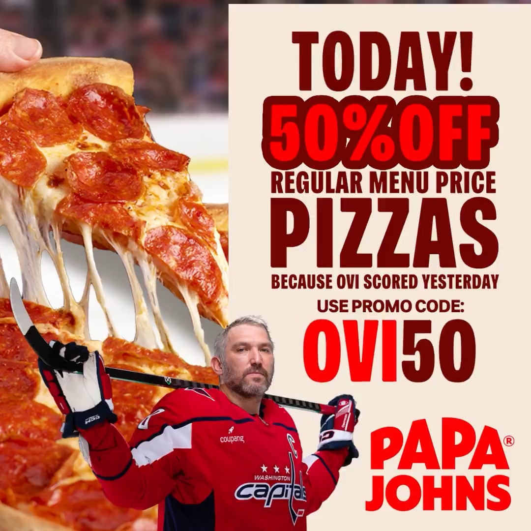Pizza is here 🍕 Enjoy half-off Papa Johns DMV pizza today at participating locations. Coupon code: OVI50