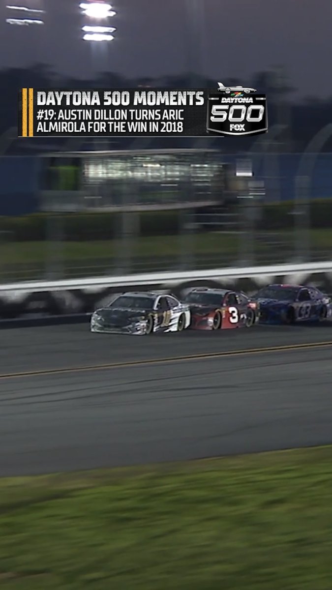 Memorable Moments of the Daytona 500 (according to Bob Pockrass). #19: "Austin Dillon would not be denied in 2018, turning Aric Almirola when Almirola attempted to retain the lead with a last-lap block. Dillon’s win put the iconic No. 3 back in Daytona 500 Victory Lane."