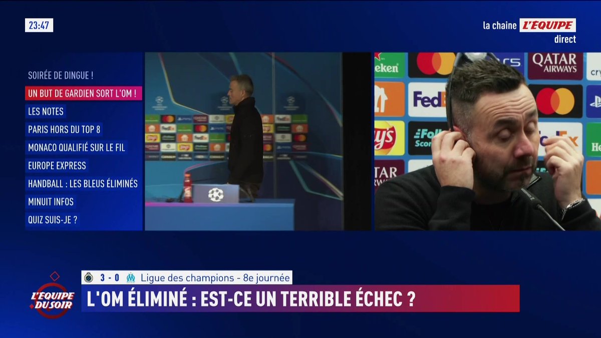 💬​ Roberto De Zerbi, après l'élimination de l'OM en Ligue des champions : « On a mérité notre défaite. [...] C'est une élimination lourde et difficile à accepter »