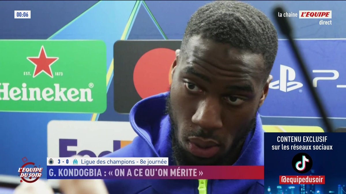 💬​ Geoffrey Kondogbia, après l'élimination de l'OM en Ligue des champions : « C'est une soirée compliquée, on a ce qu'on mérite […] Il va falloir se regarder dans la glace. »