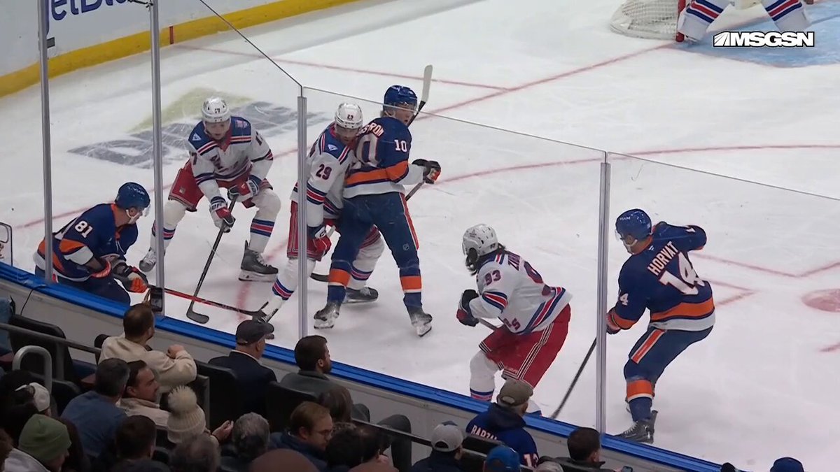 Zibanejad's stick got FLUNG over the glass, but the Isles fan who caught it wanted NO PART of it so he gave it back 😭