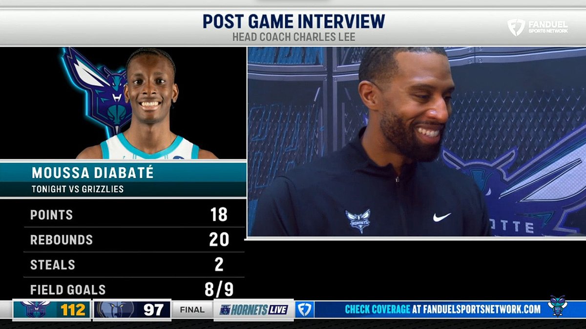 🎙️ Charles Lee on Moussa Diabate's performance: "It means a lot to a head coach, to an organization, to his teammates. I'm so happy for him. I'm proud of him, and I'm thankful that I get to coach him. It's so exciting to watch him go out there and compete." "The passion, the joy, the energy, and the competitiveness that he plays with on every possession—it's impressive and pretty inspiring. Our whole group rallies around him. They were really excited for his 20 rebounds, but they might have been more excited for his corner three."