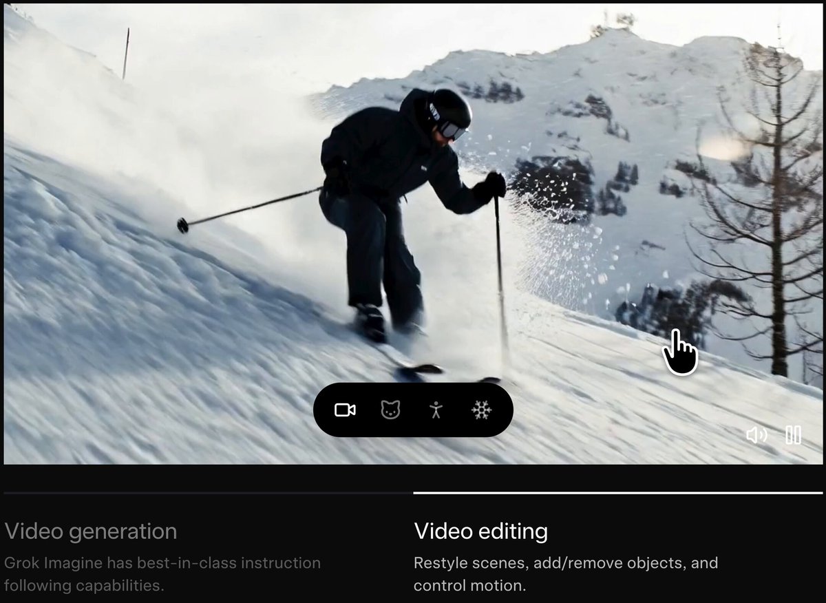 Grok Imagine API just released A world-class video generation + video editing model Text-to-Video: Turn simple prompts into rich video clips with audio Image Generation + Editing: Bring ideas to life with visuals from scratch Video Editing Tools: Restyle scenes, add/remove props, control motion Best-in-Class Quality + Low Latency: Designed to deliver fast, cost-efficient results API pricing: Image input: $0.002 Video input : $0.01 Video output : $0.05