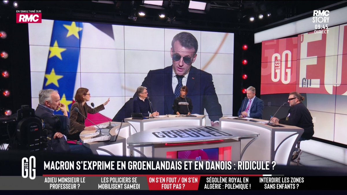 😎🇫🇷 Macron s’exprime en groenlandais et en danois 😂 Barbara le tacle : "Il est en roue libre ! C’est ridicule. Faut que ça s’arrête, les lunettes. J’ai consulté et il paraît que les yeux, ça dure 5, 6 jours ! Ça fait 10 jours que dure son cinéma avec ses lunettes." #GGRMC