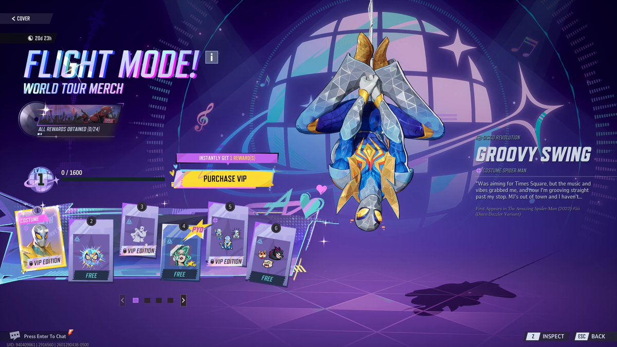 ‼️ DEEP DIVE: NEW DISCO EVENT PASS Here's a complete look at the Flight Mode! World Tour Merch Event Pass, now available in-game for 990 Lattice. Page 1: Spider-Man: Groovy Swing (Costume) *Spider-Man: Groovy Swing (Spray) Spider-Man: Groovy Swing (Emote) *Hela: Disco of the Dead (Nameplate) Spider-Man: Groovy Swing (Emoji Bundle) *Immortal Beasts (Mood Bundle) Page 2: Spider-Man: Groovy Swing (MVP Animation) *Hela: Disco of the Dead (Spray) Psylocke: Psychedelic Pulse (Nameplate) *x200 Chrono Tokens Psylocke: Psychedelic Pulse (Emoji Bundle) *Hela: Disco of the Dead (Costume) Page 3: Spider-Man: Groovy Swing (Emoji Bundle) *Psylocke: Psychedelic Pulse (Spray) Hela: Disco of the Dead (Mood Bundle) *Hela: Disco of the Dead (MVP Animation) Psylocke: Psychedelic Pulse (Emote) *x200 Unstable Molecules Page 4: *Spider-Man: Groovy Swing (Nameplate) Psylocke: Psychedelic Pulse (Emoji Bundle) *Hela: Disco of the Dead (Emote) Psylocke: Psychedelic Pulse (MVP Animation) *x200 Chrono Tokens Psylocke: Psychedelic Pulse (Costume) Completion Bonus: Animated Deadpool Nameplate *These items are free to unlock without an Event Pass purchase. Note: All "Hela: Disco of the Dead" items are part of the new Pick-Your-Own Reward system and can be replaced with items from previously free event costumes at your discretion. #MarvelRivals