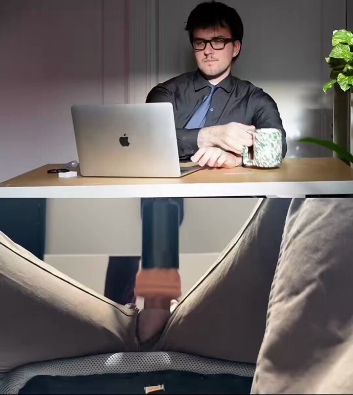 Above, bro in a teams reunion. Below, under desk, the reality. Autostroker milking his cock relentless. He nuts inside, pulls out, thick cum dripping down the toy. Hidden goon session, brain melting while faking focus. See what @Barfisi hides under his desk.
