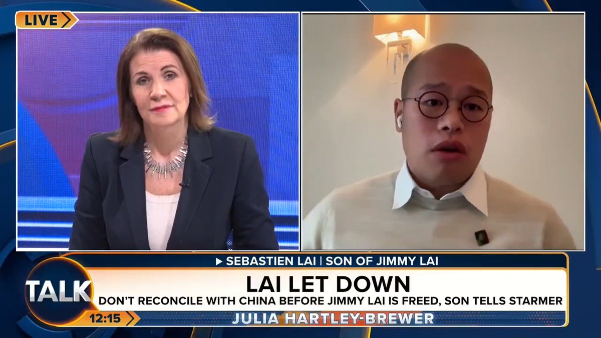 🚨 "This idea we would trade our freedom, citizens, human rights for any perceived economic benefit is not only WRONG, it's completely illogical." Sebastien Lai has told Keir Starmer not to "reconcile" with China until his father, British citizen Jimmy Lai, is freed. Julia Hartley-Brewer