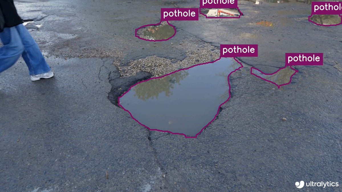 Detect road potholes in real time using Ultralytics YOLO11! 🕳️ Identify potholes accurately from images or video to support road maintenance, safety monitoring, and smart city infrastructure workflows. Read more ➡️ #AI #SmartCities #Ultralytics #YOLO11