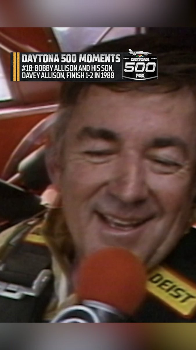 Memorable Moments of the Daytona 500 (according to Bob Pockrass). #18: "Bobby Allison wins the 1988 Daytona 500. His son, Davey, tries to make a move to the bottom on the final lap but to no avail and finishes second. For Allison fans, this was a great moment."