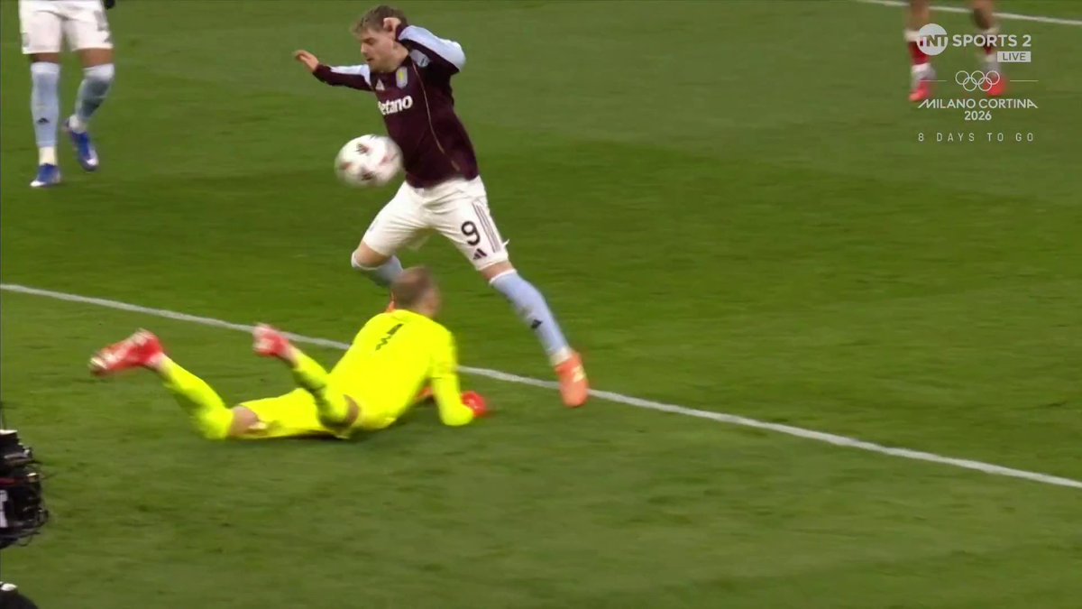 Scorpion kick save 🦂 Alexander Schlager embodies his inner Rene Higuita with a bizarre save to stop Aston Villa from scoring within the first minute 😅 📺 TNT Sports &amp; discovery+ UK