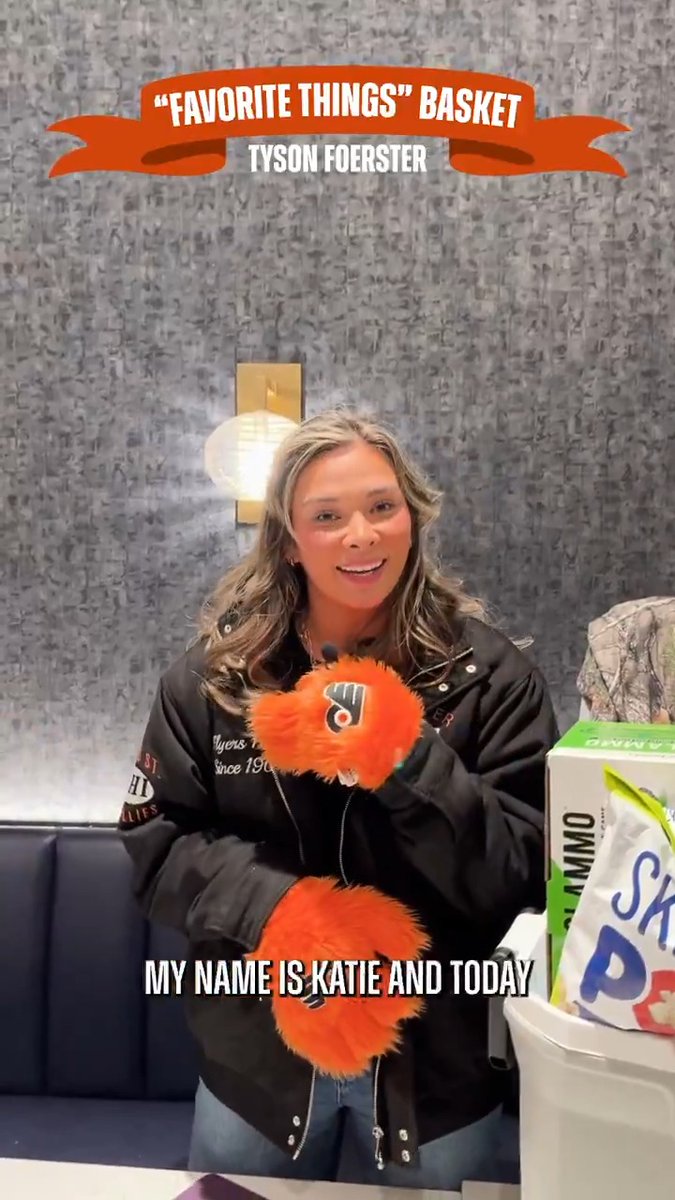 Gritty gloves NOT included. 😳 Tyson Foerster's girlfriend Katie shows off his Favorite Things Basket, which will be up for auction online and on Sunday at the Flyers Charities & Community Carnival! Bid now at