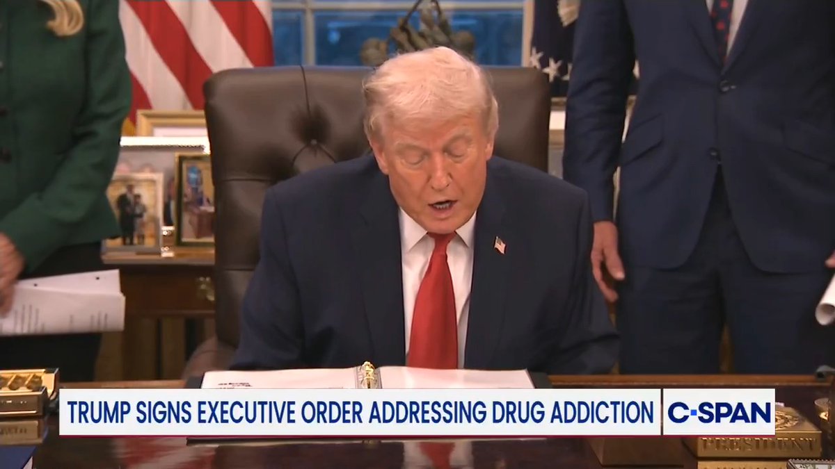 President Trump signs an executive order creating an initiative to combat drug addiction. The "White House Great American Recovery Initiative," will be chaired by HHS Secretary Robert F. Kennedy Jr. and Kathryn Burgum, wife of Interior Secretary Doug Burgum.