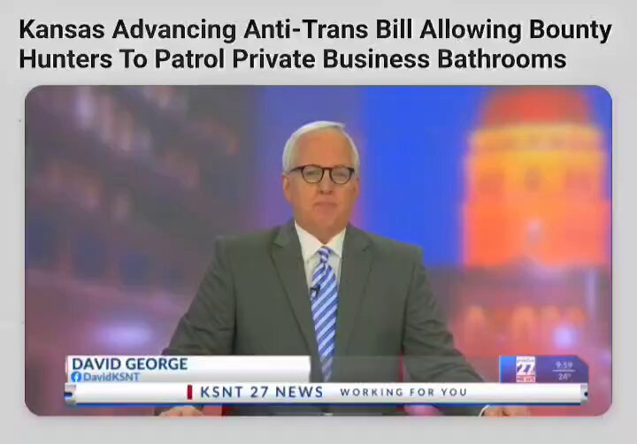 Kansas passes first bathroom ban in U.S. that regulate not only public—but private bathrooms. Bill empowers citizen "bounty hunters" to enter private business—and sue for financial damages if they use "wrong" bathroom. Bill passed House & Senate with veto proof majority to over ride Governor Laura Kelly's likely veto. "This provision creates a bounty-hunter scheme allowing anyone to sue a person for simply using the 'wrong' multiple-occupancy restroom." SB 244 and HB2426 may appear to have been designed to apply to public buildings—but legal experts agree legislators put nothing in the bills that limits the law from extending enforcement of the ban into private bathrooms. Read the full legal analysis in thread.👇 #DemsUnited
