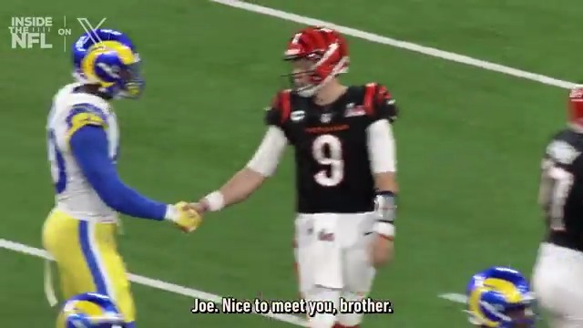 “Nice to meet you brother. I loved watching you growing up.” Joey Burrow introduced himself to Rams players during Super Bowl LVI. @insidethenfl's Top 60 SB Mic'd Up Moments on X
