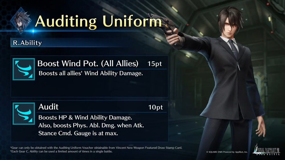 Check out Vincent's Auditing Uniform! Get this Vincent-Exclusive Gear from Vincent New Weapon Featured Draw on the Stamp Card! #FF7EC #FF7EverCrisis #FF7