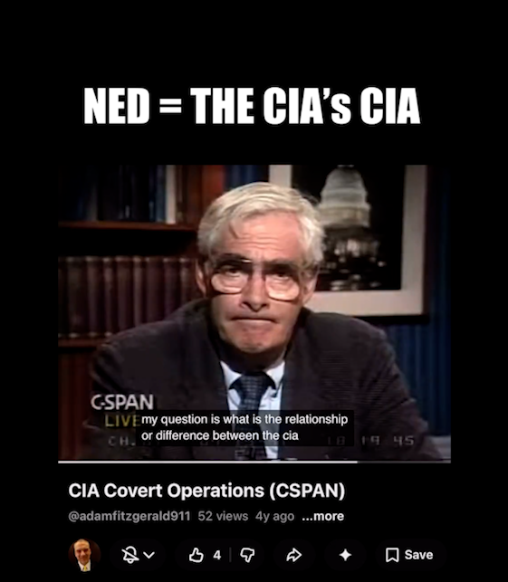 When you think about how brazen the relationship is between NED and CIA, & mix the CIA's covert role influencing elections with NED's open role funding & organizing a Censorship Industrial Complex in every country to influence its elections, it all becomes 1 + 1 = 2 level simple