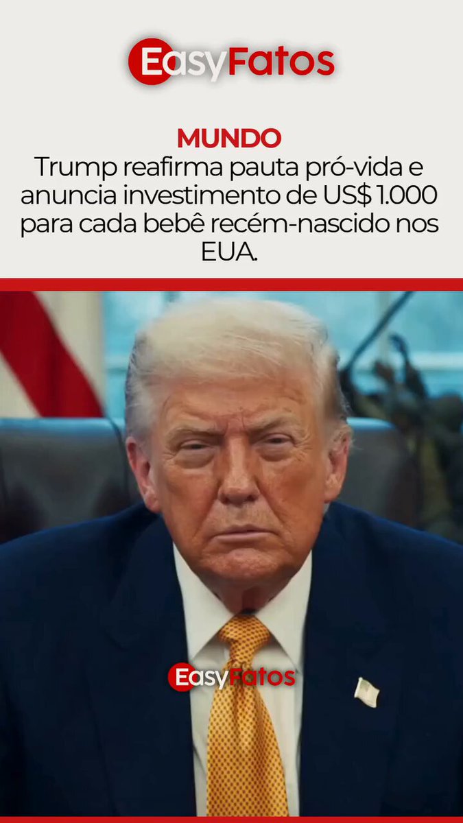 🚨 TRUMP VOLTA COM TUDO: reafirma agenda pró-vida e anuncia US$ 1.000 para CADA bebê recém-nascido nos EUA! Enquanto o mundo assiste o aborto ser tratado como ‘direito’ em muitos lugares, Trump coloca a vida em primeiro lugar e apoia famílias de verdade. Isso é liderança que protege os inocentes desde o ventre e na prática e não só discurso vazio. Você apoia incentivo financeiro para nascimentos?