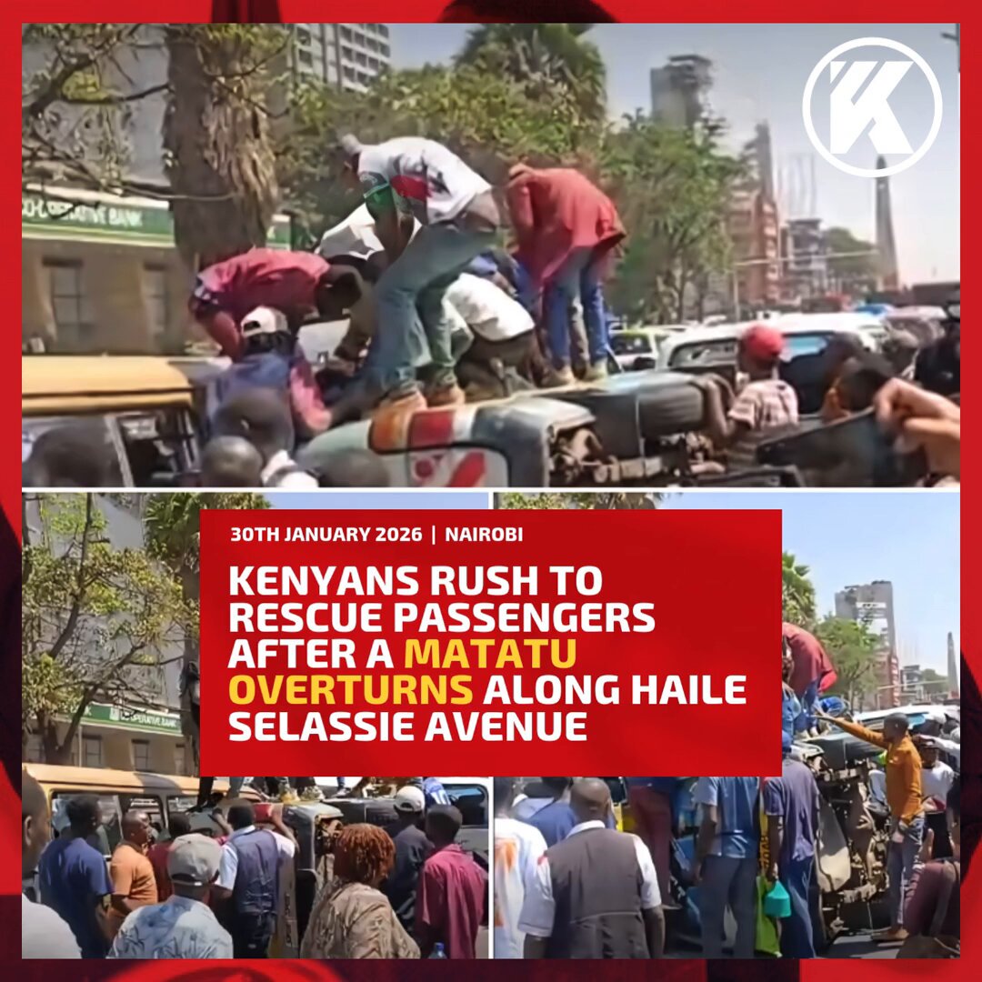 Kenyans rush to rescue passengers after a matatu overturns along Haile Selassie Avenue