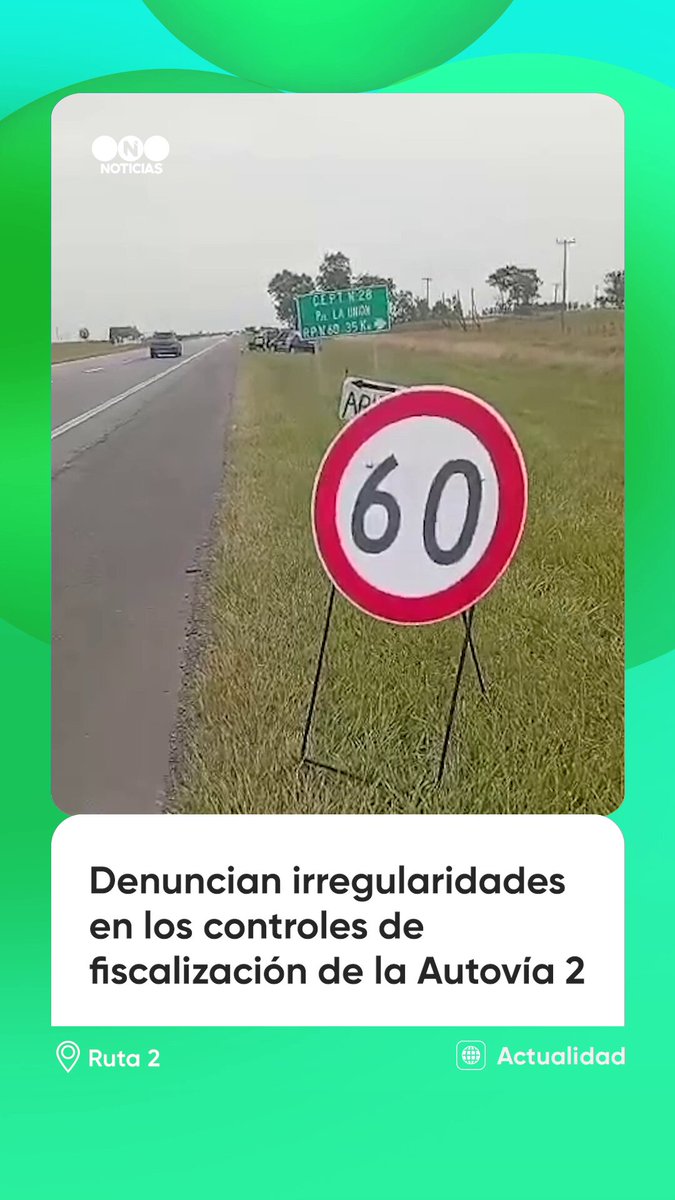 Un hombre registró la instalación de un improvisado cartel de velocidad máxima 60 km/h en un tramo recto de la Ruta 2, a la altura del Paraje La Unión, y unos metros más adelante un móvil de Fiscalización de Seguridad Vial del Ministerio de Transporte haciendo fotomultas en pos de la seguridad vial. "¿Para quién tienen que recaudar? Eso no es prevención. Eso es corrupción", se quejó el usuario de la autovía que comunica CABA con la Costa Atlántica bonaerense.